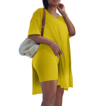 Letní outfity pro ženy Dámské ležérní oblečení Plus Size Dvoudílné outfity Krátký rukáv Volné topy Úzké kraťasy s výstřihem do V