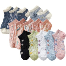5/10 Pairs Embroidered Floral Design Socks for Women Girls Combed Cotton Ankle Socks