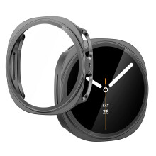 Kompatibel mit Samsung Galaxy Watch8 44 mm: Schutzhülle aus robustem Polycarbonat + HD-Displayschutz aus gehärtetem Glas, Farbe: Gungrau