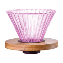 Filtre à café conique réutilisable en verre rose avec support en bois, pour cafetière à filtre manuel, hauteur 12 cm (4,7 pouces).
