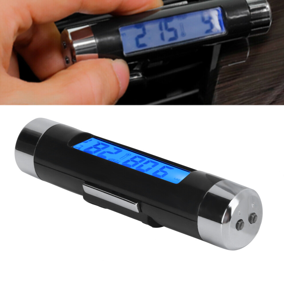 2-In-1 Car Digital Thermometer Dashboard Backlight Lcd Clock Gauge Black/Blue 3381390709696