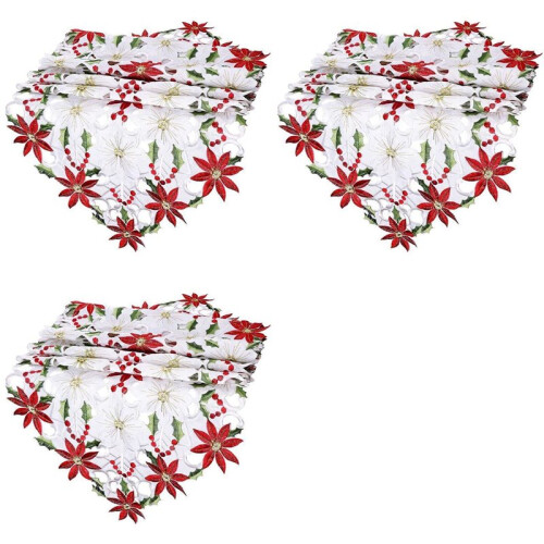 3X Corredor de Mesa de Natal, Toalhas de Mesa Bordadas com Folhas de Azevinho Poinsétia para DecoraçõEs de Natal 15 X 53 Polegadas