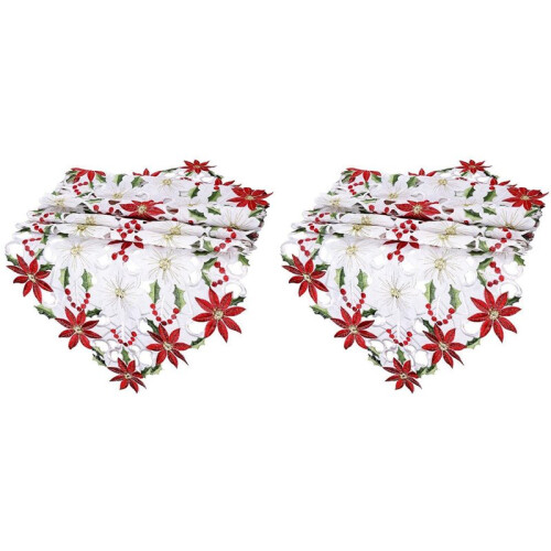 2X Corredor de Mesa de Natal, Toalhas de Mesa Bordadas com Folhas de Azevinho Poinsétia para DecoraçõEs de Natal 15 X 53 Polegadas