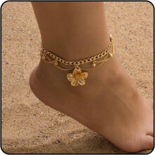 Goldene, mehrlagige Blumen-Fußkette für Damen