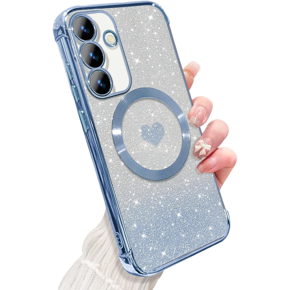Magnetic Clear Phone Case Compatible With Samsung Galaxy S24 & Magsafe, Soft Gradient Heart Bling Glitter Shockproof Cover For Women Â 6.1Â Blue 9028731174426