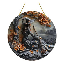 Decorazione rotonda in legno a forma di strega per Halloween, da appendere a parete o porta – Festa e festival