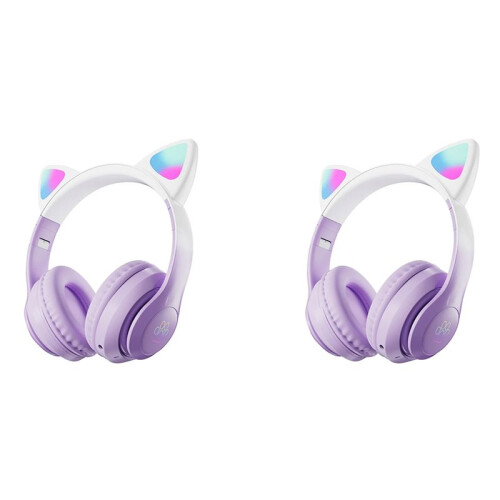 2X Cute Cat Gradient Wireless Headsets LED Light  Headphones with Mic