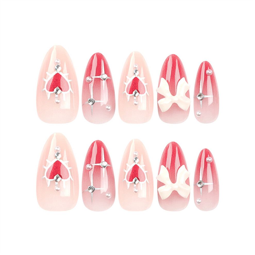 Creation-3C 24Pcs Gradient Rhinestone Nails With Bowknot Decor