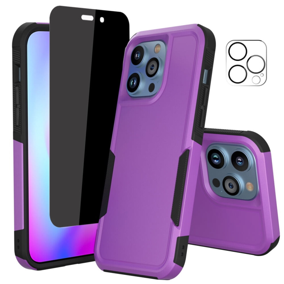 Compatible With Iphone 14 Pro Max Case + Screen Protector (Anti-Spy Privacy) + Camera Lens Protector, Shockproof Full Coverage Case Purple 9028731108537