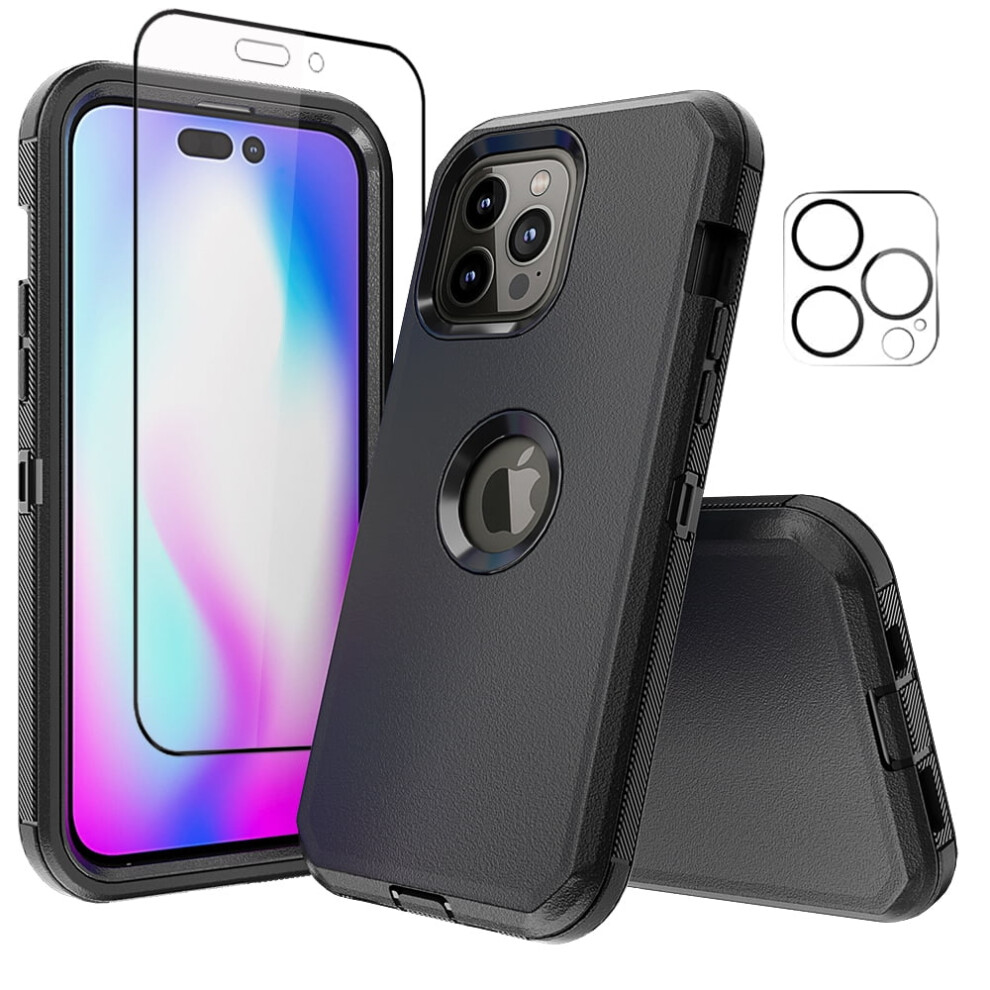 Compatible With Iphone 14 Pro Case + Screen & Camera Lens Protector, Heavy-Duty Shockproof Case For 6.1" Black 9028731108902