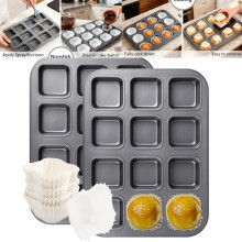 2Pack 12-Cavity Square Carbon Steel Muffin Pan + 100 Disposable Cups, Nonstick, Compatible with Standard Ovens