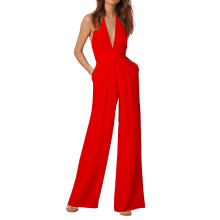 Macacão feminino sem mangas com decote profundo em V, costas abertas e cintura marcada, ideal para o verão – RD1L, tamanho padrão.