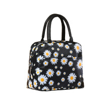 Sac à lunch pour femme à motif marguerites, réutilisable, imperméable, isotherme, avec fermeture éclair et poche plaquée (noir)