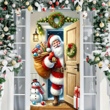 Décoration de porte « Joyeux Noël » style rétro avec le Père Noël, bannière de Noël 71 x 35 pouces pour la décoration murale et de porte