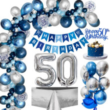 Decor pentru petrecerea de 50 de ani, bleumarin și argintiu: Banner Happy50th, baloane din latex metalic și folie cu numărul 50