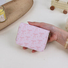 Pink Bow Multi-card Slot Card Holder PU Leather Credit Card ID Card Cover for Women Girls Sweet Mini Zipper Coin Purse
