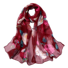 Wine Red Silk-Feel Shawl Wrap for Women, Roses Print, Lightweight & Soft – Compatible with All Outfits