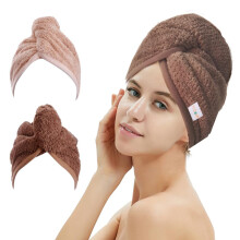 2 Pack Microfiber Hair Towel Wrap,Hair Drying Towel with Button, Hair Towel Turban,Quick Dry,Anti-frizz,Absorbent Head Towel (Pink&Beige)