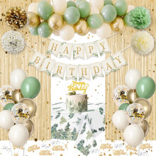 Décoration d'anniversaire vert sauge : ballons olive et or, verdure beige, banderole métallisée, pompons – Compatible avec les thèmes vert