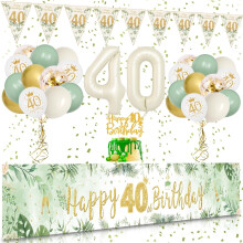 Décoration d'anniversaire YANSION40 pour femme – Thème vert et or, ballons en latex olive/or/blanc + banderole « Joyeux 40e anniversaire »,