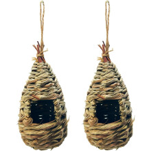 Set van 2 hangende kolibriehuisjes, bolvormig, handgeweven van natuurlijk gras, duurzaam voor tuin, terras, gazon, kantoor of binnen (Type B)