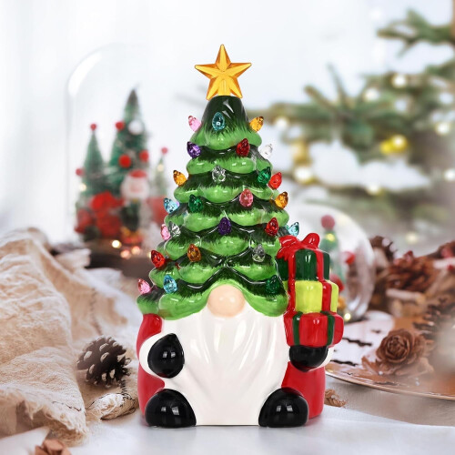 Ceramic Christmas Tree Gnome Decor with Lights Green 8 inch