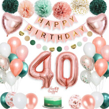 Decoraciones de cumpleaños número 40 de YANSION: globos verdes y oro rosa, kit de pancarta, compatible con fiestas de cumpleaños número 40 para