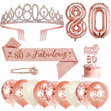 Décorations pour le 80e anniversaire d'une fille : écharpe et tiare or rose avec décoration de gâteau, bougies chiffre 80, ballons, broche