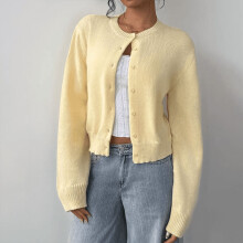 Dames gebreide cardigan met lange mouwen, effen kleur, knoopsluiting aan de voorkant, korte sweaterjas voor de herfst/winter, geel, maat M
