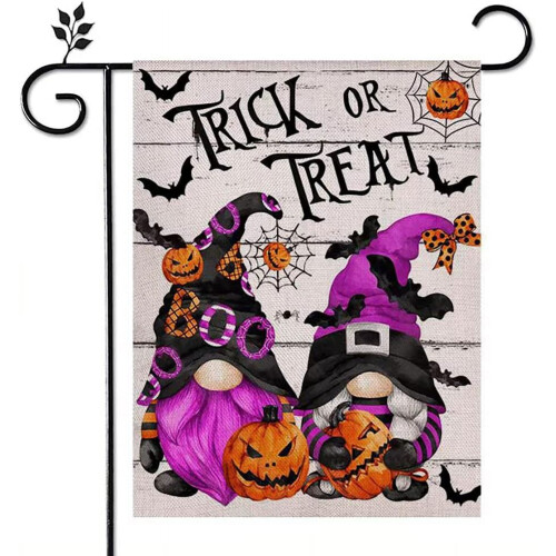 Σημαία Κήπου για το Halloween12x18, Διπλής Όψης, Μωβ Σημαίες Κήπου με Νάνους, Ριγέ Κάθετη