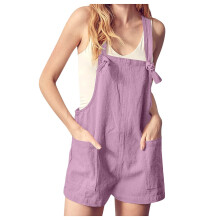 Macacão feminino roxo de verão – Macacão casual sem mangas com bolsos, alças ajustáveis e modelagem solta.