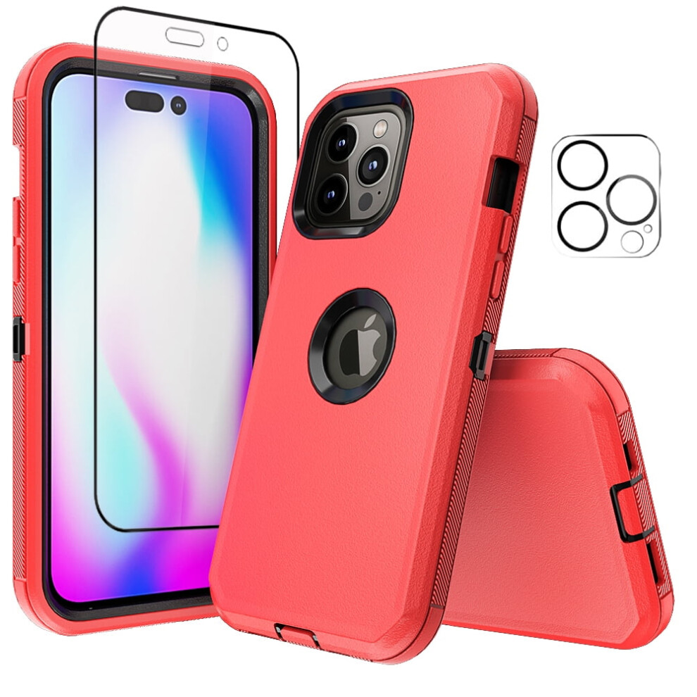 Compatible With Iphone 14 Pro Case + Screen & Camera Lens Protector, Heavy-Duty Shockproof Hard Case (6.1", +Black) Red/Black 9028731124476