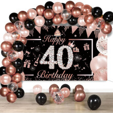 Banner decorațiuni pentru ziua de naștere de 40 de ani pentru femei – Banner negru auriu-roz Happy40th Birthday, baloane și fundal foto