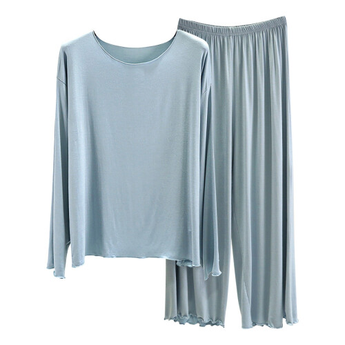 Women's Blue Cotton Pajama Set Long Sleeve Two-Piece 1