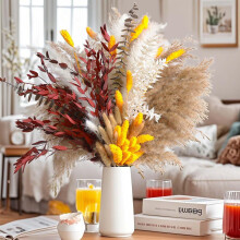 57pcs Orange Dried Pampas Grass Bouquet with Eucalyptus & Reeds – Boho Wedding, Rustic Fall Decor, Table Centerpiece