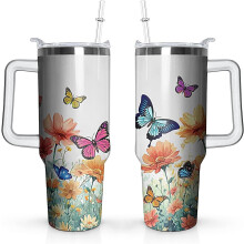 Bicchiere termico Butterfly da 40 oz con manico e coperchio con cannuccia, a prova di perdite, in acciaio inossidabile, compatibile con
