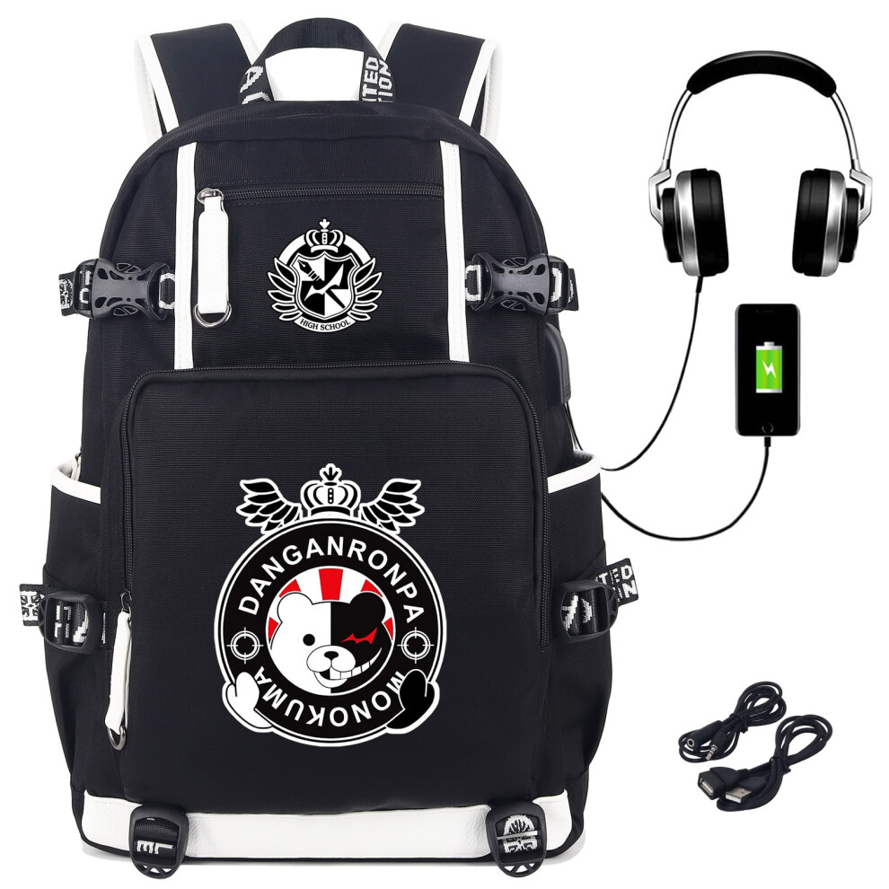 Anime Danganronpa Monokuma Printed Backpack Schoolbag Laptop Rucksack With Usb Charging Port & Headphone Port Black 9028731126395