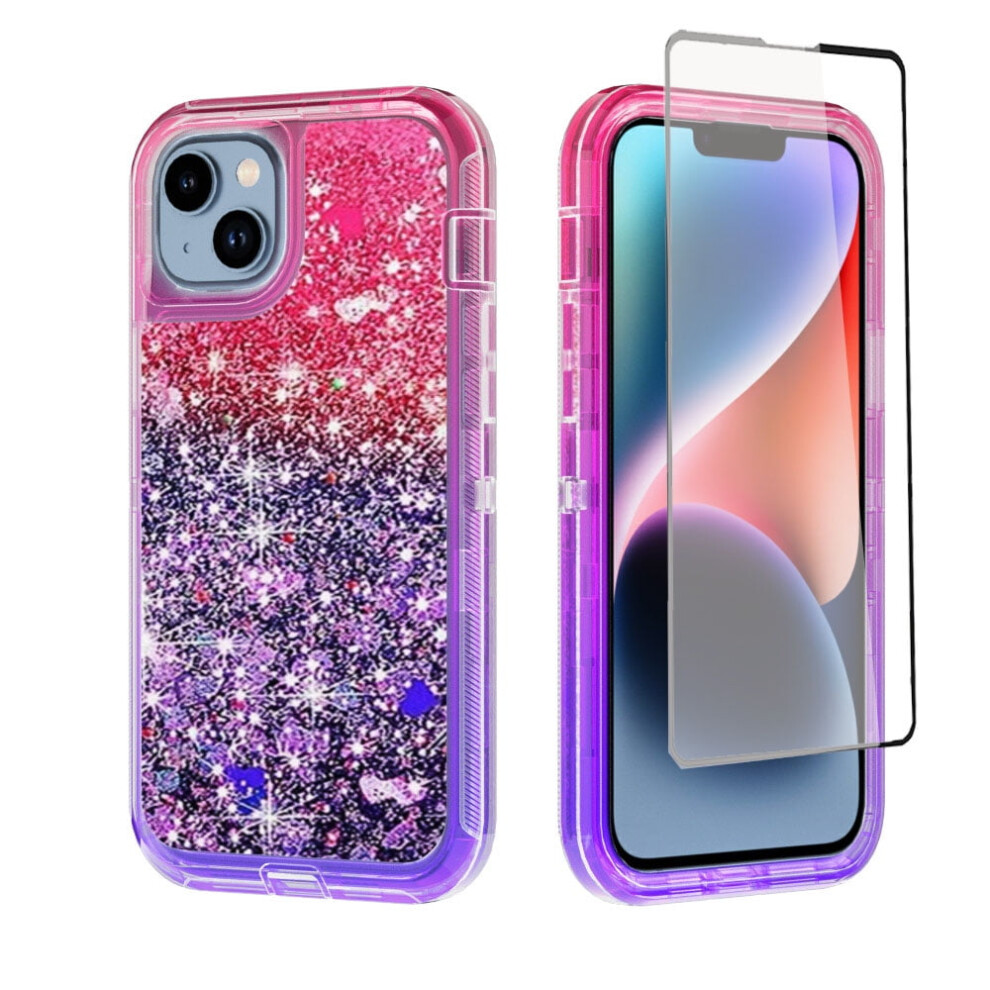 Compatible With Iphone 14 Plus: Bling Glitter Quicksand Clear Shockproof Case, 6.7", + Red/Purple 9028731126579