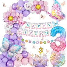 Decoraciones de cumpleaños número 3 de YANSION para niñas: globos rosas y morados, globos de mariposa de papel metalizado, pegatinas, pancarta y