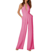 Macacão feminino sem mangas com decote em V profundo e costas abertas, tamanho XXL rosa, ideal para o verão.