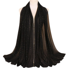 Hijab feminino em chiffon de cor sólida, lenço de cabeça longo com strass.