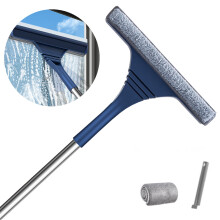 Grattoir à vitres et aspirateur de poussière 2 en 1 avec rallonge, usage intérieur/extérieur, bleu