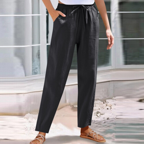 Women's Cotton Linen Pants Solid Color Wide Leg with 1