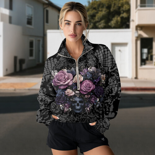 Women's Oversized Cropped Quarter-Zip Sweatshirt with 2