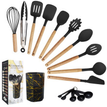12-Pc Silicone Cooking Utensils Set with Wooden Handle & Holder, 600F Heat Resistant, Non-stick, BPA Free, Black