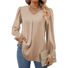 Damen-Tunika-Top mit langen Ärmeln und V-Ausschnitt – Elegante, lässige Chiffonbluse für Büro und Alltag, Khaki, Größe M