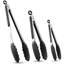 Pinze da cucina di alta qualità in acciaio inossidabile con punte in silicone, set da 3 pezzi: 7", 9" e 12" (nere)