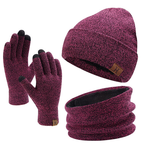 Conjunto feminino de gorro, cachecol, luvas e protetor de pescoço com forro e tela sensível ao toque.