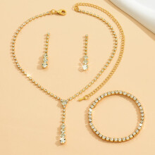 Conjunto de joias para casamento com strass, brincos, colar e pulseira de cristal brilhante, ideal para noivas e madrinhas.