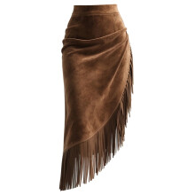 Damen-Maxirock im Western-Stil aus Wildlederimitat, einfarbig, Fransen-Saum, asymmetrischer Schnitt, lang, braun, Größe S